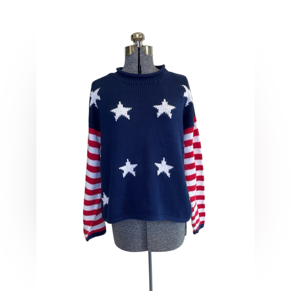 Vintage Hand Knit Stars & Stripes Chunky Relaxed Fit Sweater-M- Patriotic USA